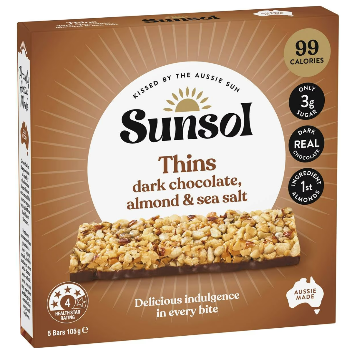 Sunsol Thins Dark Choc, Almond & Seasalt 105g