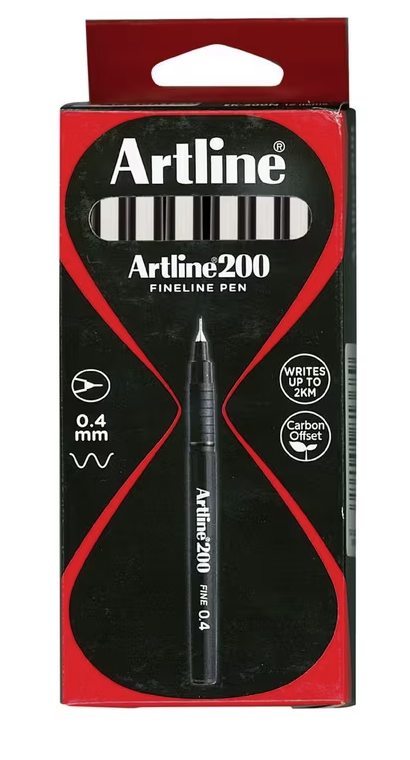 Artline 200 Fineline Pen 0.4mm Black 12pk